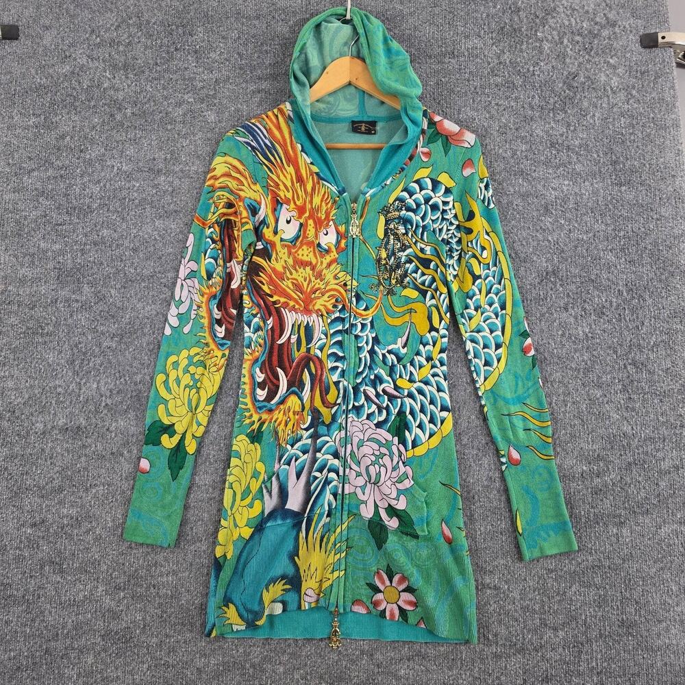 Vtg Christian Audigier Dress Medium Hooded Teal Dragon Tattoo Zip Y2K Rhinestone